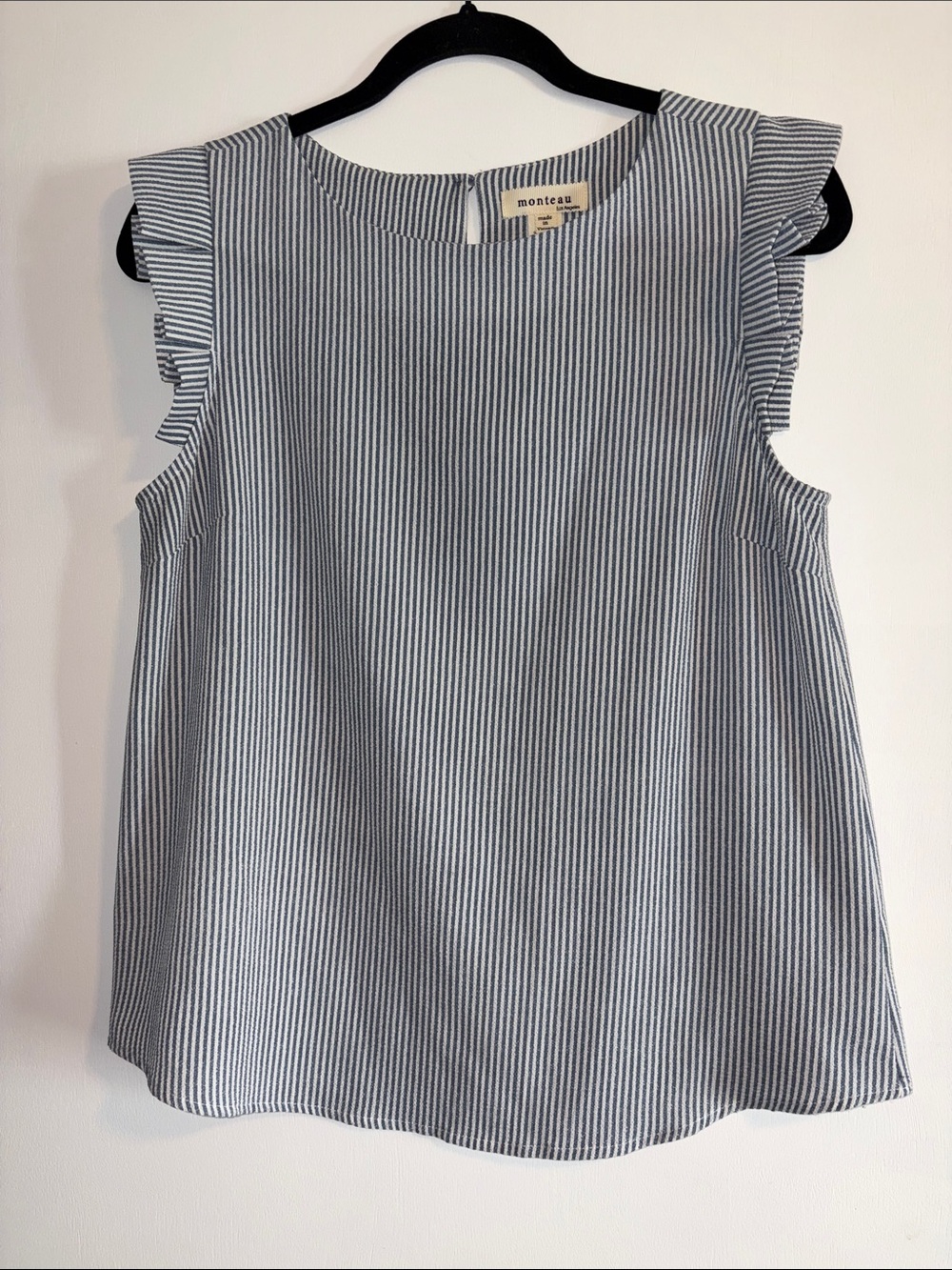 Monteau Navy and White Striped Ruffle Sleeve Top